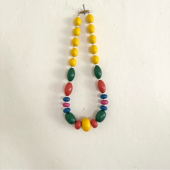 Vintage Necklace Colorful Rainbow Wood Bead Chunky Bright Funky - Picture 4 of 7